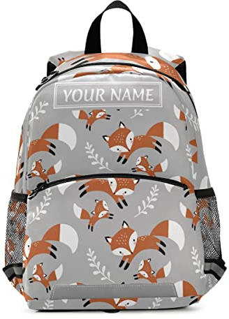 Mnsruu Rucksack mit individuellem Namen, personalisierbar, für Jungen und Mädchen, Fuchs, Wald, Tier, grauer Druck, Rucksack, Kindergarten, Vorschule, Kindergarten, Reisetasche, mehrfarbig, M