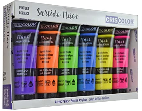 Criscolor - Surtido Pintura Acrílica Flúor - PACK 6x35ml - Para trabajo artístico y manualidades – Para Principiantes, Estudiantes y Artistas profesionales. (Flúor 6x35 ml)