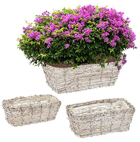 Relaxdays Pot de Fleurs, 3 Tailles différentes, en rotin, avec Plastique, Cache-Pots pour intérieur, Blanc-Nature