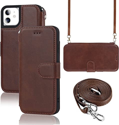ELTEKER Hülle für iPhone 11 Handyhülle mit Band Crossbody Strap, Klapphülle mit dem Verstellbaren Umhängeband - Braun