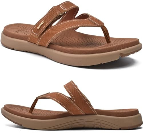 COFACE Flip Flops Damen Orthopädische Leder Stoff Leicht Zehentrenner Frauen Bequeme Plantarfasziitis Fussbett Breite Füße Badelatschen Sommer Strand Zehensandalen Rutschfest Gummi Sohle Tan 39
