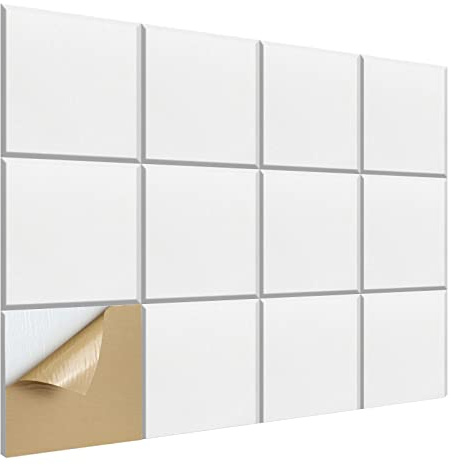SHJADE 12 Stück quadratische schallabsorbierende Paneele, selbstklebend, 30,5 x 30,5 x 1,1 cm, hochdichte Akustikplatte, stilvolle akustische Wandpolsterung für Zuhause und Büro (weiß)