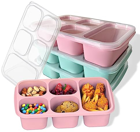 Meeyuu Bento-Lunchbox für Erwachsene und Kinder, 5 Fächer-Behälter für vorbereitete Mahlzeiten, wiederverwendbar, mit transparenten Deckeln, mikrowellengeeignet, 4 Stück, je 2 in Rosa und 2 in Grün