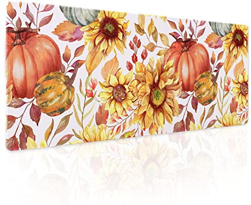 Fall Pumpkin Sunflowers Mouse Pad XL Watercolor Retro Autumn Leaves Floral Extended Desk Mat Non-Slip Rubber Base Stitched Edge Large XL Thanksgiving Mousepad for Desk Gaming Laptop,31.5×11.8 in