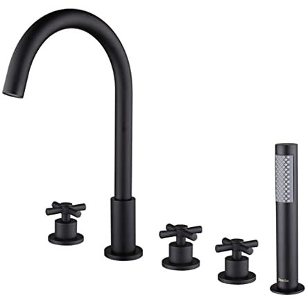 XJTNLB Robinet de Baignoire à 5 Trous Mitigeur Baignoire Douche avec Pommeau de Douchette Extractible Noir