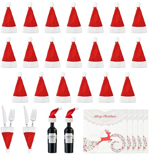 skytowards 20 Stk Weihnachtsmütze Mini Nikolausmütze Weihnachtsmannmütze Bestecktaschen Weihnachten Besteckhüllen Weinflaschendeckel Weihnachtsmann Hut Klein mit Serviette Lollipop Hut für Tischdeko