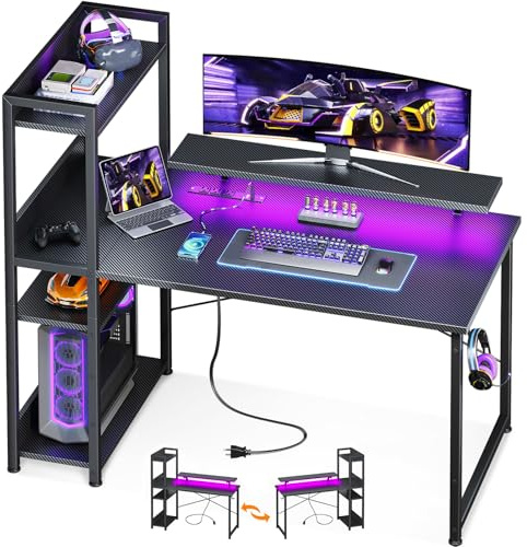 ODK Escritorio reversible para juegos con puerto de carga USB y toma de corriente, escritorio para computadora de 40 pulgadas con estantes de almacenamiento y soporte para monitor, mesa de estudio