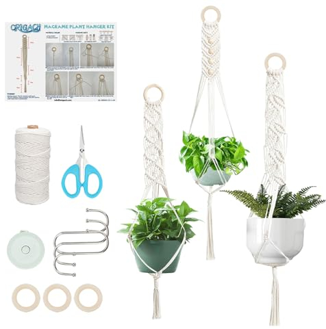 ORIGACH 3 Set DIY Macrame Plant Hanger Kit for Beginner, Handmade Ceiling Plant Hanger Set, Modern Macrame Boho Hanging Planter Basket Holders for Indoor Plants