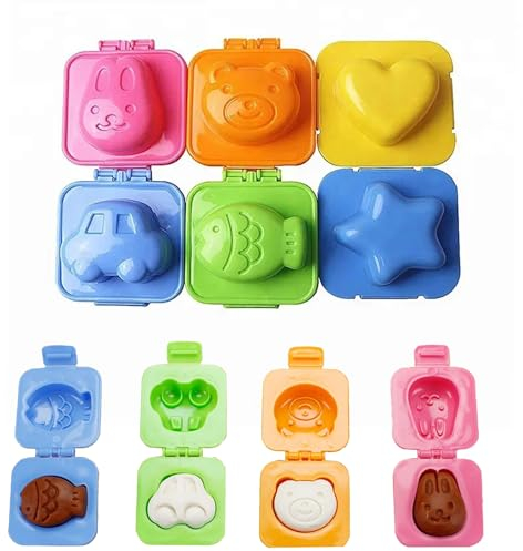 6 Pcs Moule para Huevos Pochados, Moule 3D en Cartoon, Adorable Molde de Arroz Sushi, Estrella de Cinco Puntas, Oso, Conejo, Pez, Auto, en Forma de Corazón, Molde DIY Bento(Color Aleatorio)