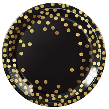 EVYIENEN 50PCS Happy Birthday Party Paper Plates,7inch Disposable White and Gold Plates Set,Party Tableware Party Supplies for Birthday Decorations (Black and Gold, 9inch)