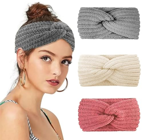 smartelf 3 Stück Stirnband Damen Winter Strick, Stirnbänder Kinder Mädchen, Haarband Ohrenwärmer Elastische, Stirnbänder Damen, Stirnband Mädchen Winter (Beige + Grau + Rosa)