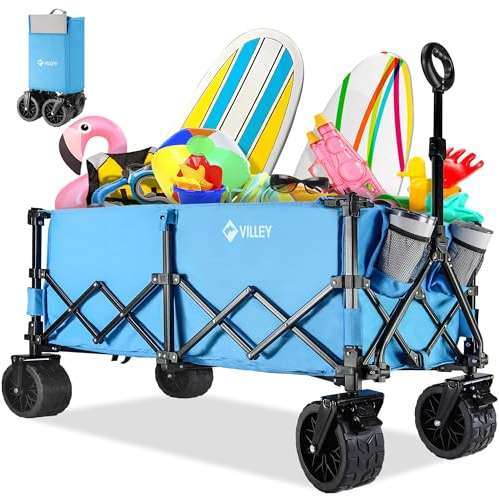 VILLEY Bollerwagen Faltbar 220L 150KG, 10x18cm Extra Breite Reifen, All Terrain XXL Handwagen klappbar mit Bremsen, Transportwagen Einkaufstrolley für Camping Strand Einkaufen, Blau