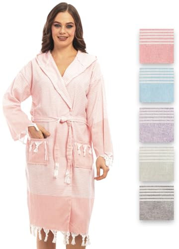 Bademantel aus Hamamtuch, Saunatuch, für Frauen für ultimativen Luxus, mit Gürtel & Kapuze - Langform Damen Leicht und Modisch (L-XL, Somon)
