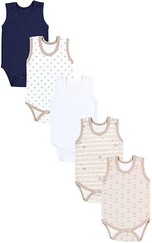 TupTam Baby Jungen Achselbody – Weicher Baby Body im 5er Pack aus Baumwolle, Body Baby Unifarben OEKO-TEX zertifiziert, Farbe: Fuchs Beige Sterne Streifen Weiß Dunkelblau, Größe: 110
