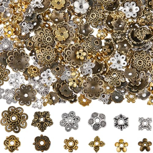 SUNNYCLUE 1 Box 360 Stück 12 Stile Perlenkappen Befunde Blumen Abstandshalter Perlen Großpackung Tibetische Legierung Florale Metall Endkappe Silber Gold Bronze Vintage Perlenkappen Für DIY Armbänder