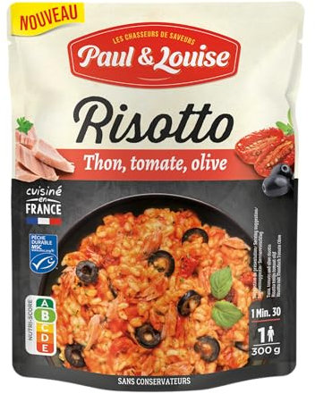 Paul & Louise - Risotto Thon, Tomate, Olive 300g - Sachet micro-ondable - Prêt en 1 minute 30 - Thon issu de la pêche durable, certifié MSC - Sans conservateur - Nutriscore B - Longue Conservation