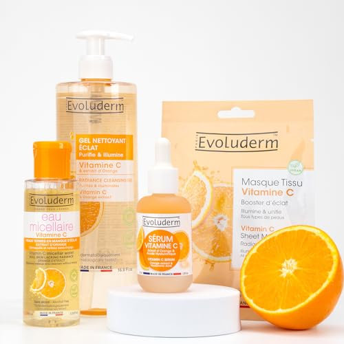 EVOLUDERM – Routine 100% Vitamine C - 1 Eau Micellaire Démaquillante + 1 Gel Nettoyant Éclat + 1 Masque Tissu Vitamine C + 1 Sérum Vitamine C + Tote Bag Offert - Végan - Fabrication Française
