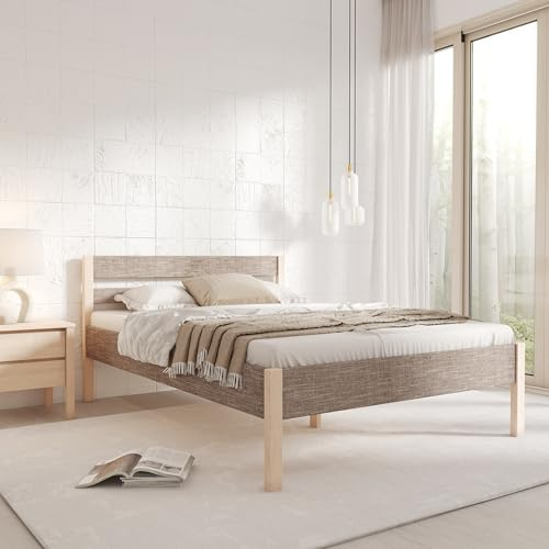 Hansales Holzbett 160x200 cm Kaja Scandi Style ohne Rollrost - mit Stoffbezug - Farbe Braun - aus behandeltem FSC® Birkenmassivholz - Farbe braun - 350 kg - Doppelbettgestell mit Kopfteil