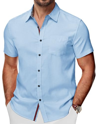 PJ PAUL JONES Chemises à manches courtes en coton pour homme - Coupe droite - Chemise d'affaires - Chemise d'été, bleu clair, L