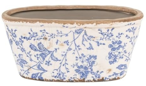 ROCKING GIFTS Macetero Plano de Ceramica Oval Flores Azul 27x14 cm