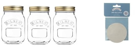Kilner Set of 3, 0.5 Litre Round Glass Screw Top Lid Preservation Storage Jars & Pack of 200 Preservation Wax Discs, White