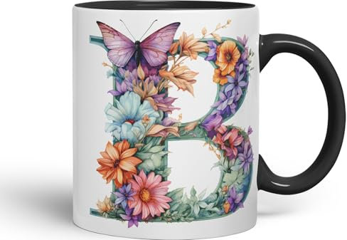 Vixar Letter B Mug, Floral Flowers Butterfly Alphabet Letter B Monogram Watercolour Ceramic Coloured Mug Cup for Tea Coffee Hot Brew 330ml 11Oz Gift (Black)