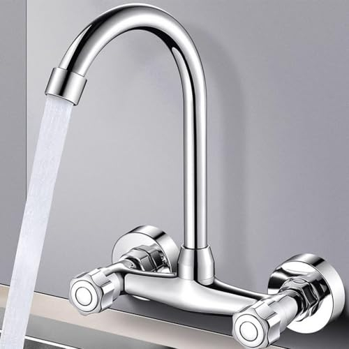 Grifo de pared de doble agujero para cocina, grifo de fregadero de cocina de latón de alta presión, grifo giratorio de para 360 grados para frío y caliente, Grifos Cocina Acero Inoxidable