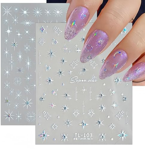 LunarCharm 2 Blatt 5D selbstklebender Glitzer-Diamant-Stern-Nagelkunst-Aufkleber, Glitzer-Strasssteine, Nagelzubehör, glänzender Kristallstern, DIY-Nageldekorationen