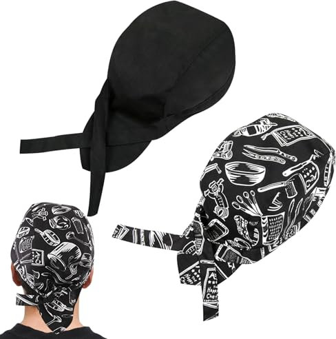 HANIUTTY 2 Piezas Gorro de Cocinero, Gorro de Cocinero Gorros de Cocina Unisex Gorro de Cocinero Ajustable de algodón Bandana Bandana de Cocinero para Catering