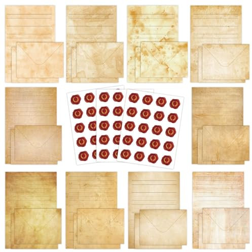 Cyiecw 160 Stück Briefpapier mit Umschlag Set (10 Farben),50 A5 Liniert und 50 Briefumschläge, Erwachsene Einfacher Retrostil Schreibpapier mit 60 Sticker (Retro)