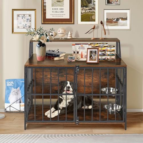 LitaiL Hundebox für Zuhause, 100x60x65 cm, Hundekäfig Holz mit Schwenkbaren Hundenäpfe für mittelgroße Hunde, Hundehütte im Möbelstil mit Lagerung, Hundehaus Indoor für Hunde bis zu 45 kg
