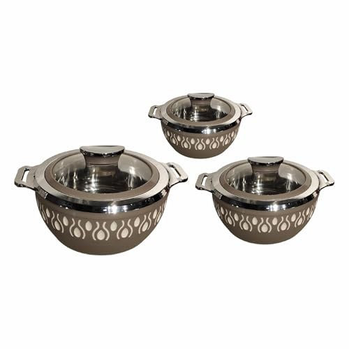 Set of 3 Casserole Serving Dishes with Clear Glass Lid & Handle – Airtight Stainless Steel Insulated Salad, Soup Food Containers - BPA Free Thremal Hot Pot - Round, Earth Beige (1000, 1500, 2000ml)