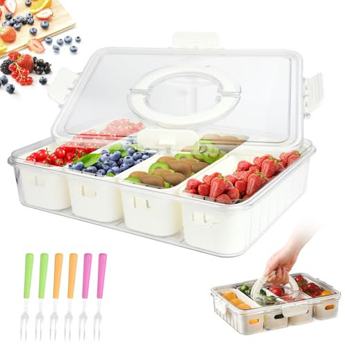 Caja de aperitivos con 4 Compartimentos, Bandeja Aperitivos con Tapa Caja de Almacenamiento Contenedor para Aperitivos con 6 Tenedores para Refrigerios para Dulces Galletas (No lavable a Máquina)