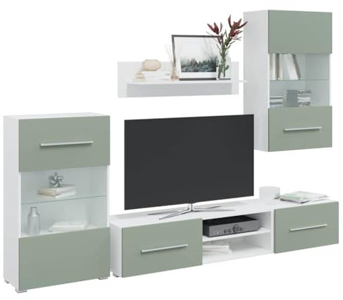Gecheer 5-TLG. Wohnwand mit LED-Beleuchtung Wohnzimmerset Wohnzimmermöbel Anbauwand TV-Wandschränke Fernsehschrank Olivgrün Holzwerkstoff