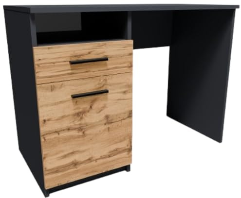 MATKAM Schreibtisch Bodo DSP H 75 x B 100 x T 50 cm, laminierte Möbelplatte, Schublade mit Metalllaufleiste auf Rollen, Ablage mit Tür, Metallscharniere, satinierte Griffe (Anthrazit Grau-Wotan Eiche)