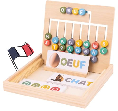 Jeu pour Apprendre à Lire et Écrire en Français - Alphabet en Bois Méthode Montessori - 26 Carte avec Mots et Illustrations Réalistes - Jeux Educatif Apprendre Les Lettres de 3 à 6 Ans