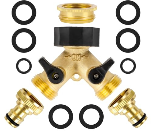 timoplus 2-Wege-Messing-Hahn, Gartenschlauch Splitter, Y-Ventil, 3/4 Messing Wasserhahn Anschluss, 2 Schlauch Splitter Connector