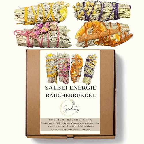 JEEBUTY Salbei Energie Räucherbündel, 4 Stück, ca. 10cm & 100g, zum Räuchern, Räucherset