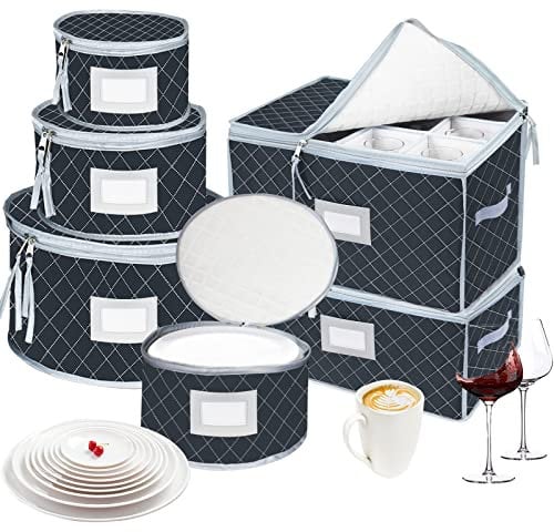 VERONLY Lot de 6 boîtes de rangement pour vaisselle, tasses, verres à pied - Boîtes matelassées empilables avec séparateur, poignées, fenêtre transparente pour tasses, assiettes, verres à vin (gris)