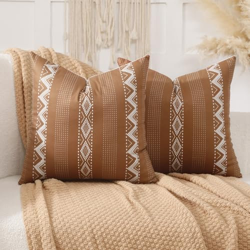 Voreppy Kissenbezug Boho 45x45 Braun Bohemian Retro Ethno Muster Geometrische Outdoor Kissen Sofakissen Dekokissen Bauernhaus Zierkissenbezug für Sofa Zuhause Schlafzimmer 2er Set
