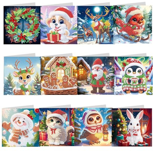 WakiHong 12 Stück 5D Diamant Malerei Grußkarten Set 15x15cm Diamond Painting Weihnachtskarten Handmade Geschenk für Familie & Freunde-Diamant Painting Weihnachtskarten