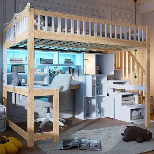 Moimhear Hochbett, 140x200cm, Mit LED-Leuchten, Ablageleiter, Regale, Ablagefächer, Schreibtisch, Kiefernholz+MDF+Plywood, Geeignet für Kinder und Jugendliche (Weiß+Natur)