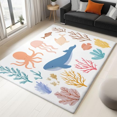 Generisch Teppich Wohnzimmer 140 x 200 cm Cartoon Wal Krake Schlafzimmer Dekor Teppich, Weiß Weiche Flanell Kinderzimmer Teppiche Küche Korridor Esszimmer Bodenmatte