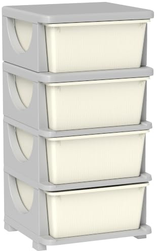 HOMCOM Torre de Almacenamiento Infantil con 4 Cajones 37x37x76 cm Crema