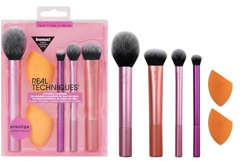 Real Techniques Everyday Essentials + Make-up-Schwamm-Set für Foundation, Rouge, Bronzer, Lidschatten, Puder, synthetische, tierversuchsfreie Werkzeuge und Blender für makellose Looks (6 Stück (1