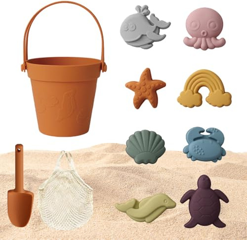 Nzkeuf Jeux de Plage en Silicone, Set de 11 Pièces Jouets de Plage en Silicone pour Enfants avec Seau à Pelle, Modèle Animal et Sac en Maille, pour Bac a Sable Intérieur Extérieur Jouets de Jardin