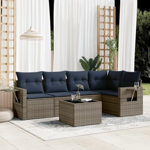 Owoxanthellate Juego de 6 sofás de jardín de color gris, polirratán, 62 x 62 x 69 cm, banco de esquina, banco central, reposabrazos, mesa de cristal, cojín de diseño moderno, robusto y duradero para