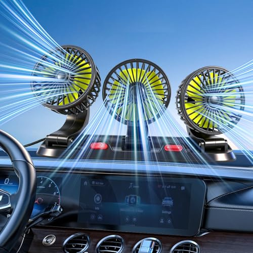 Auto Ventilator, 12V Drei Köpfe Ventilator Auto 360 ° Drehbarer Autolüfter, 2 Geschwindigkeiten Zigarettenanzünder Kfz Lüfter für LKW, SUV, Wohnmobil