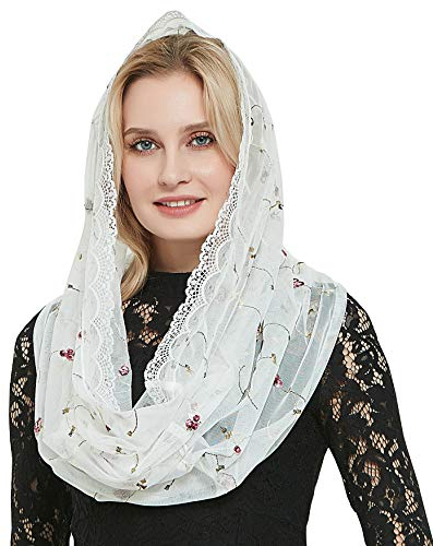 Leimandy Orthodoxer Schleier Kopfbedeckung mit gestickten Blumen Katholische Kapelle Mantilla Schleier V50, Elfenbeinfarbene Verpackung, Einheitsgröße