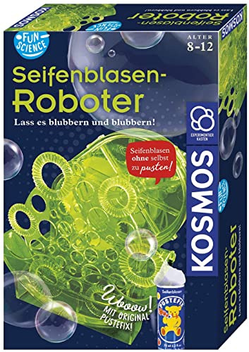 Kosmos 654122 Fun Science Seifenblasen-Roboter, Schillernde Seifenblasen am laufenden Band ohne Pusten, Elektronik-Bausatz, Pustefix-Seifenblasenflüssigkeit, Experimentierkasten für Kinder ab 8-12